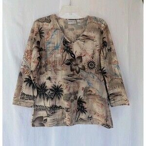 Studio T'S By Chico's Top Blouse Sz 1 Hawaii Honolulu Art Graphic Tropical Gold
